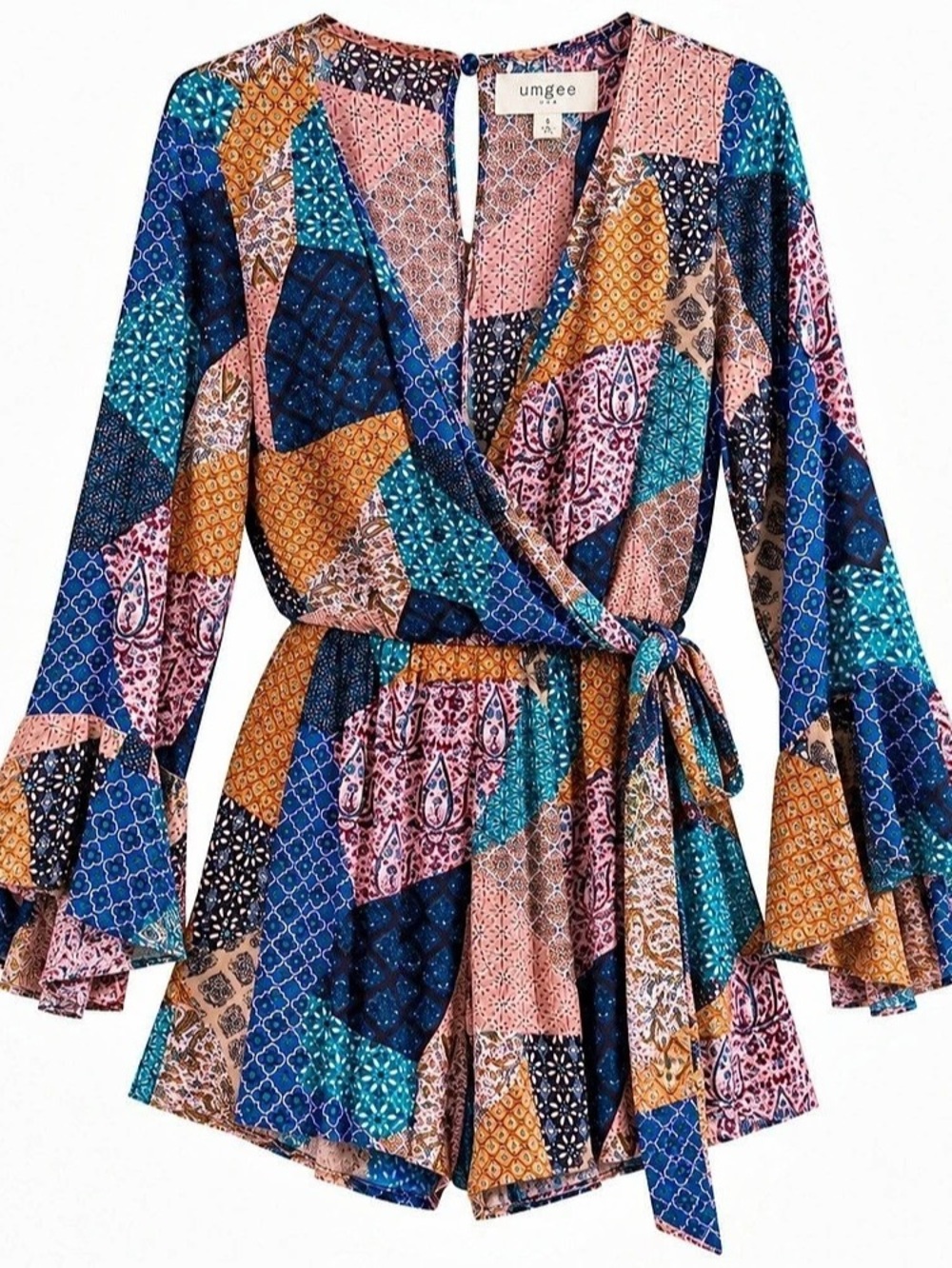 NWT Umgee Patchwork Print Ruffle Bell Sleeve Romper in Blue & Pink